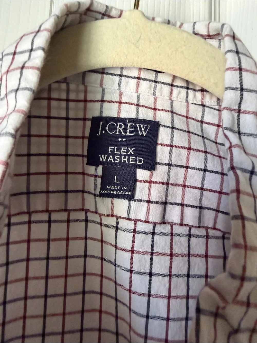 J. Crew White Button-Up Shirt with Red & Navy Windowpane Plaid
